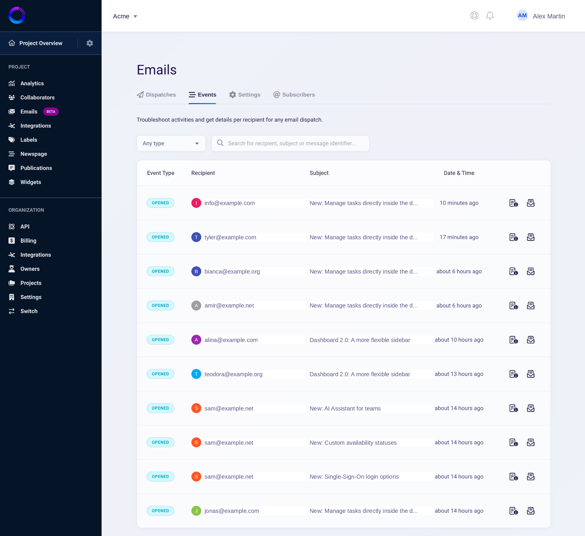 The email events log in the Noticeable dashboard, showing opens per recipient