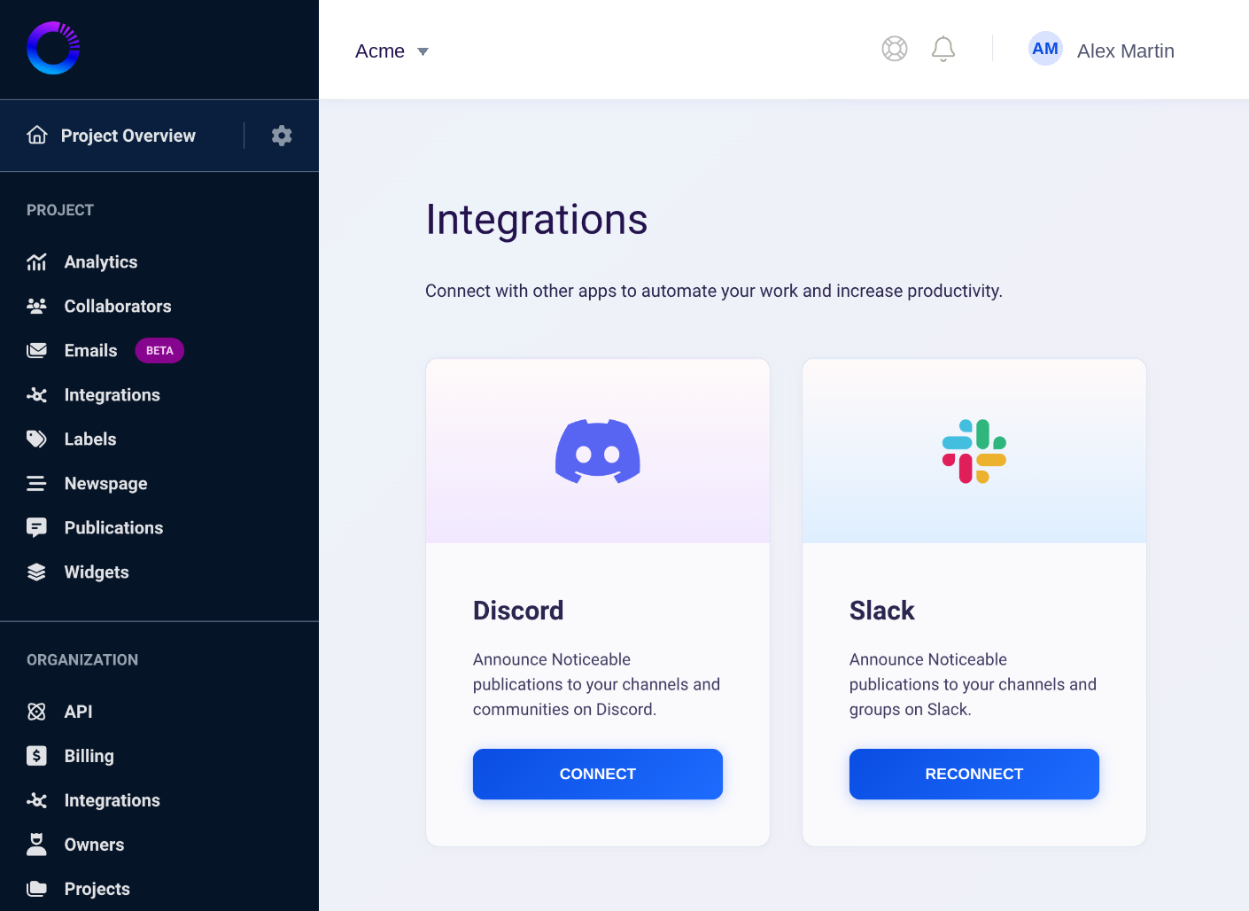 The integrations page of the Noticeable dashboard, showing Discord and Slack