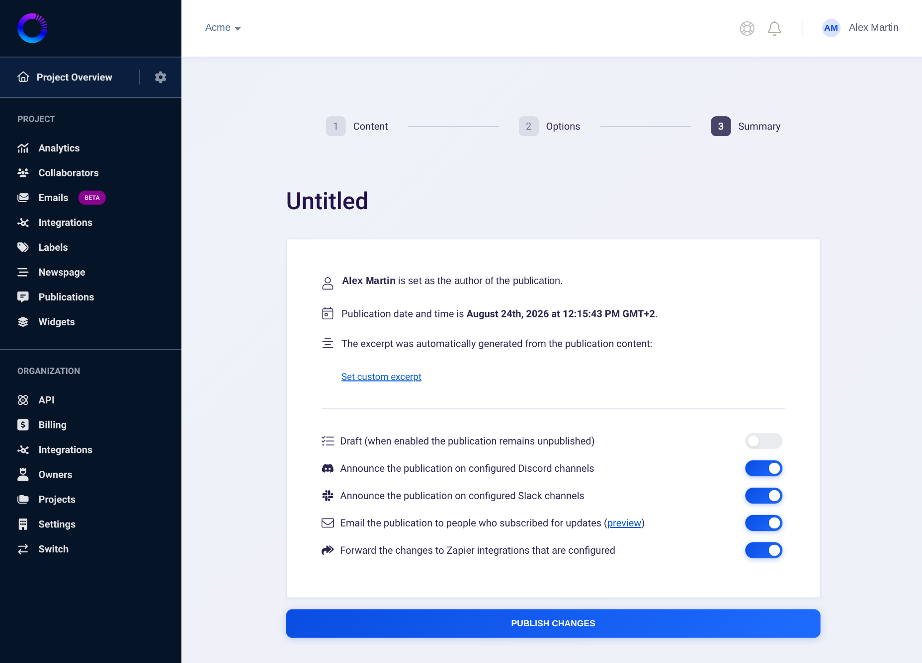 Publishing an update: the summary step emails subscribers and forwards the change to Zapier