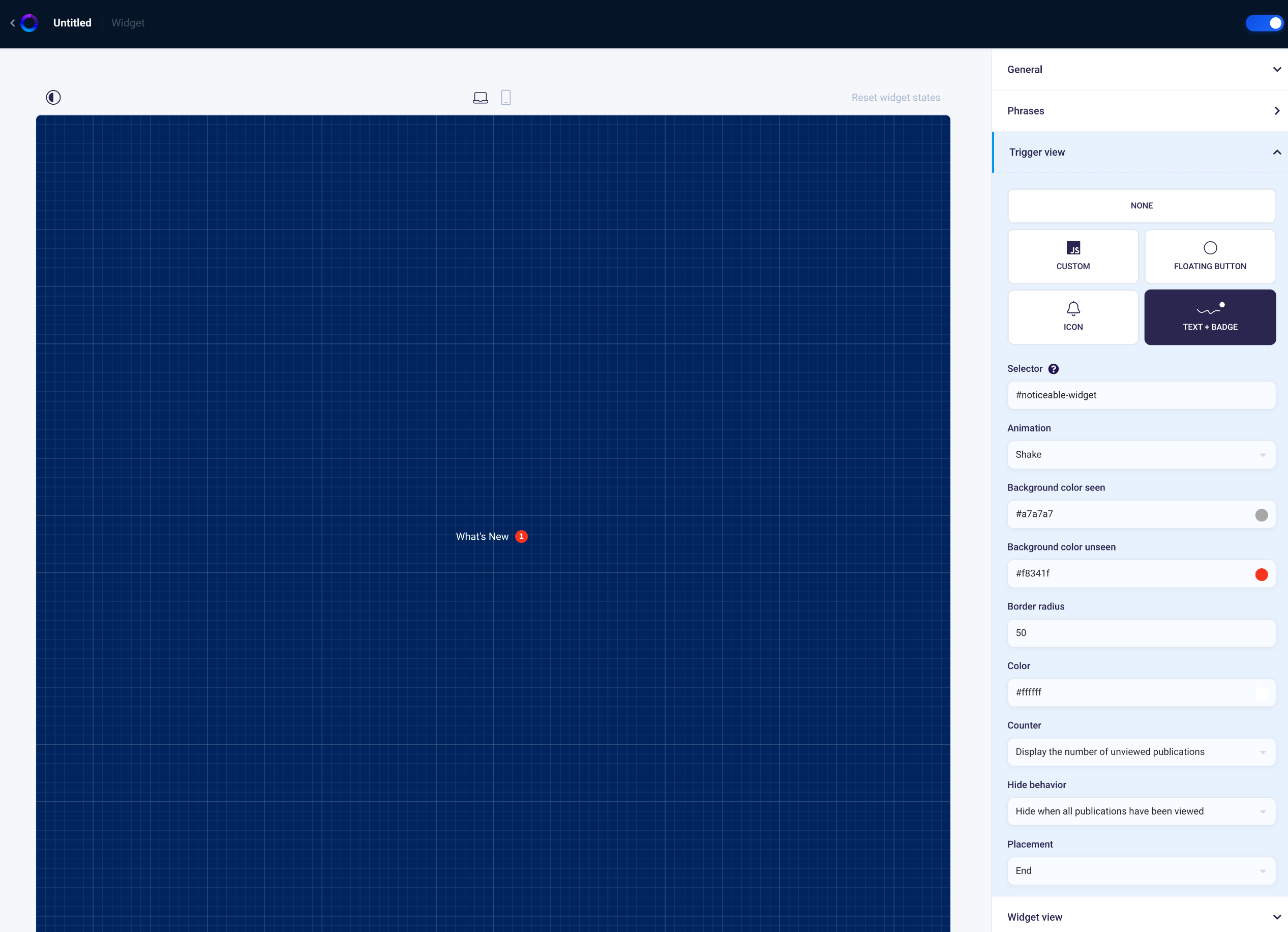 Configuring the in-app widget in the Noticeable live editor: trigger, colors and behavior