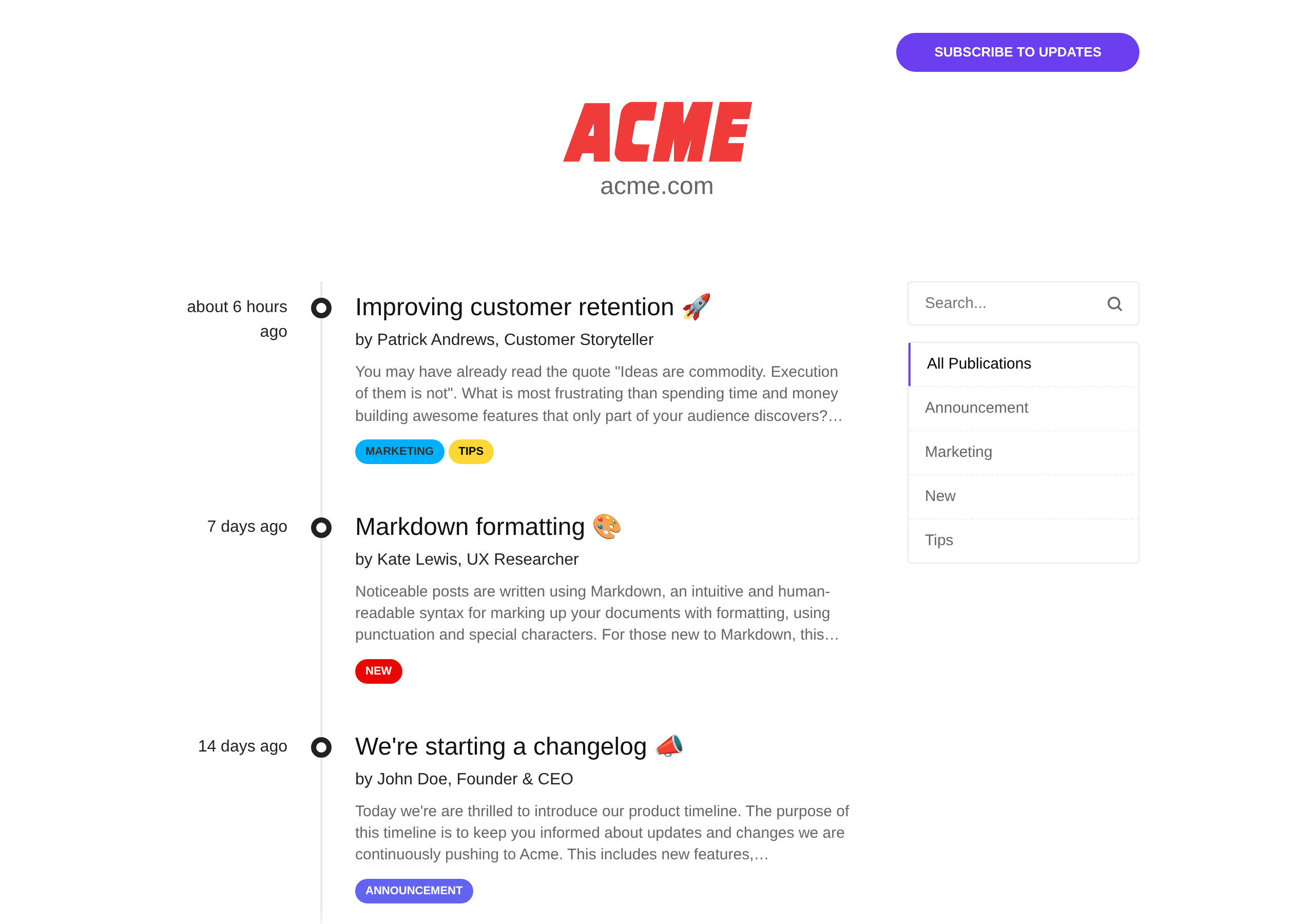 A Noticeable newspage: a timeline of publications with labels, search and a subscribe button